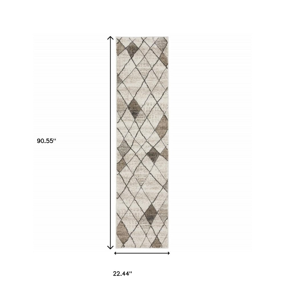 2' x 8' beige, grey, tan & brown geometric runner rug; power loom; stain resistant.