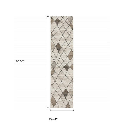 2' x 8' beige, grey, tan & brown geometric runner rug; power loom; stain resistant.
