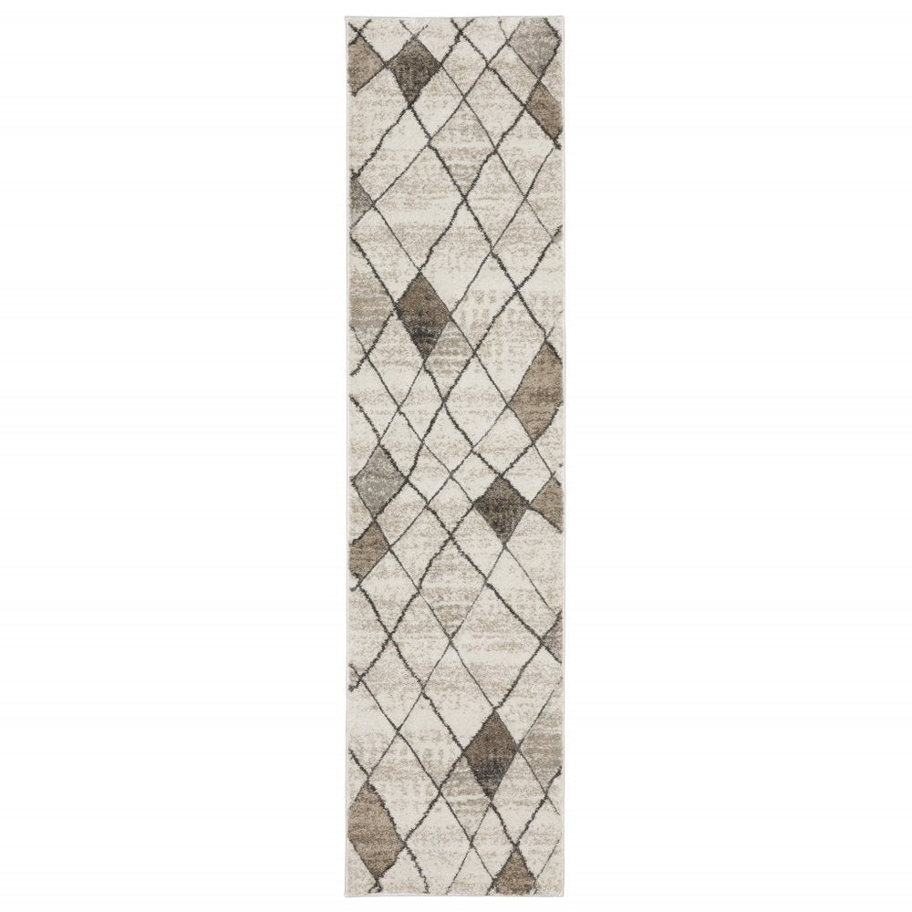 2' x 8' beige grey tan and brown geometric runner rug, power loom, stain resistant.