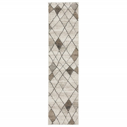 2' x 8' beige grey tan and brown geometric runner rug, power loom, stain resistant.