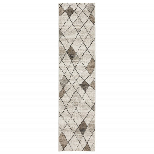 2' x 8' beige grey tan and brown geometric runner rug, power loom, stain resistant.