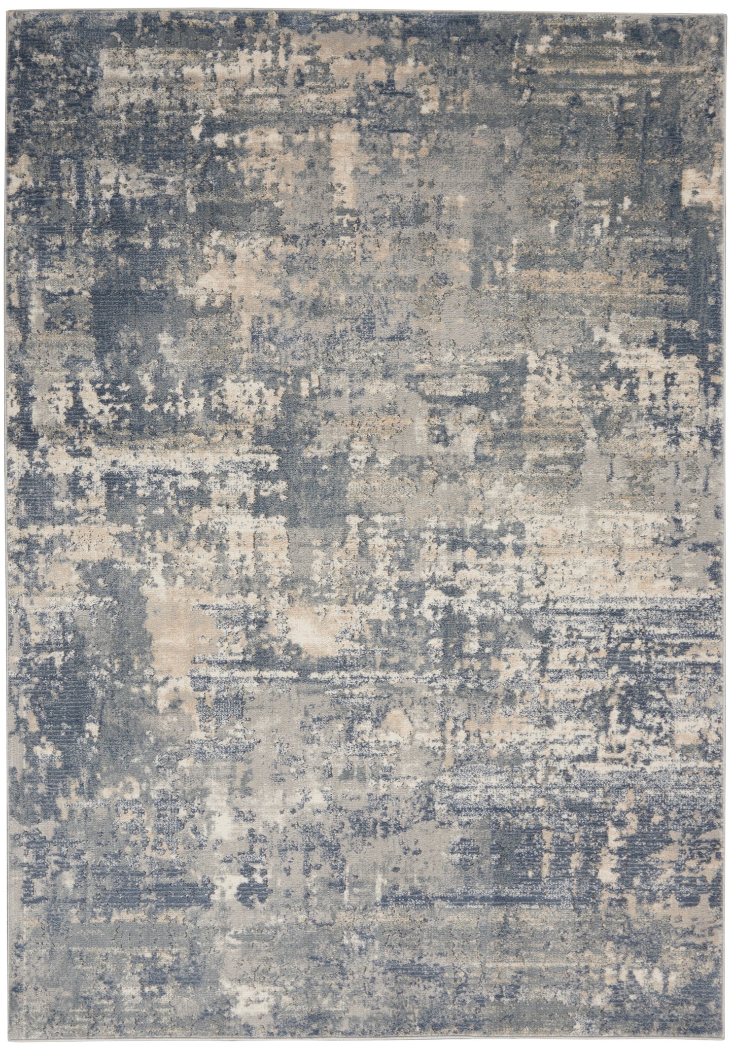 Abstract blue-gray area rug with a cream distressed pattern; modern 4' x 6' rectangular rug.