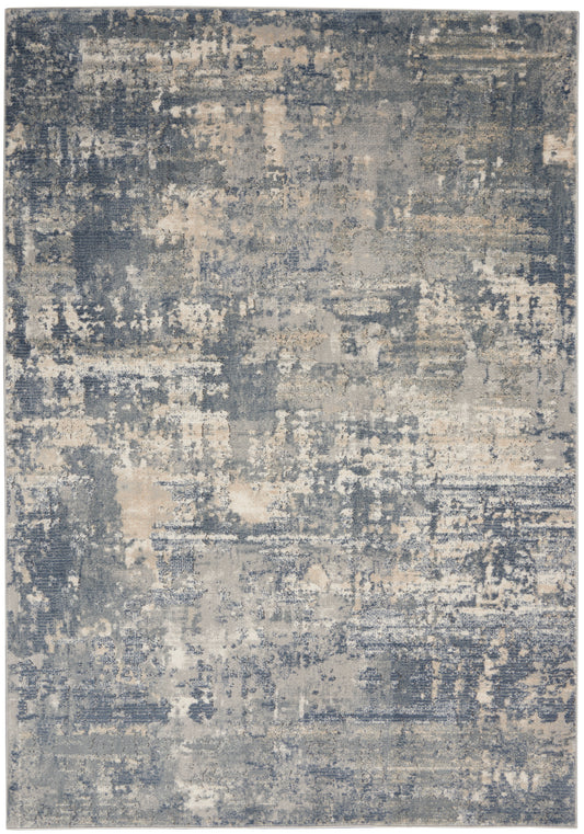 Abstract blue-gray area rug with a cream distressed pattern; modern 4' x 6' rectangular rug.