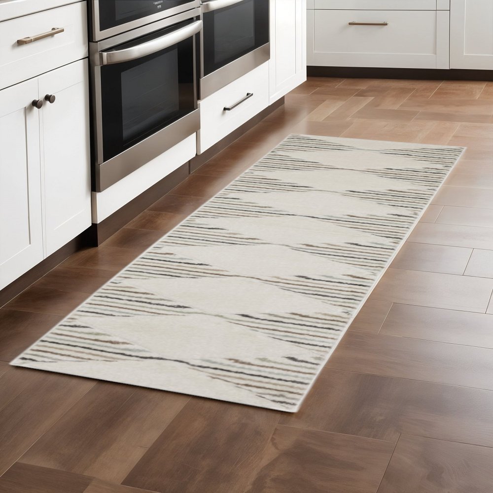 2' X 8' Brown And Ivory Geometric Power Loom Runner Rug