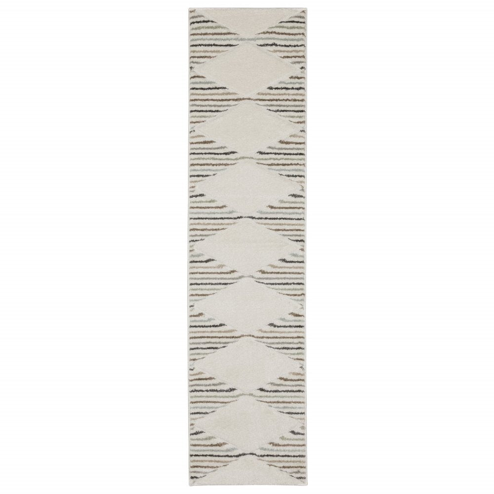 Brown and ivory geometric power loom runner rug, 2' x 8'.