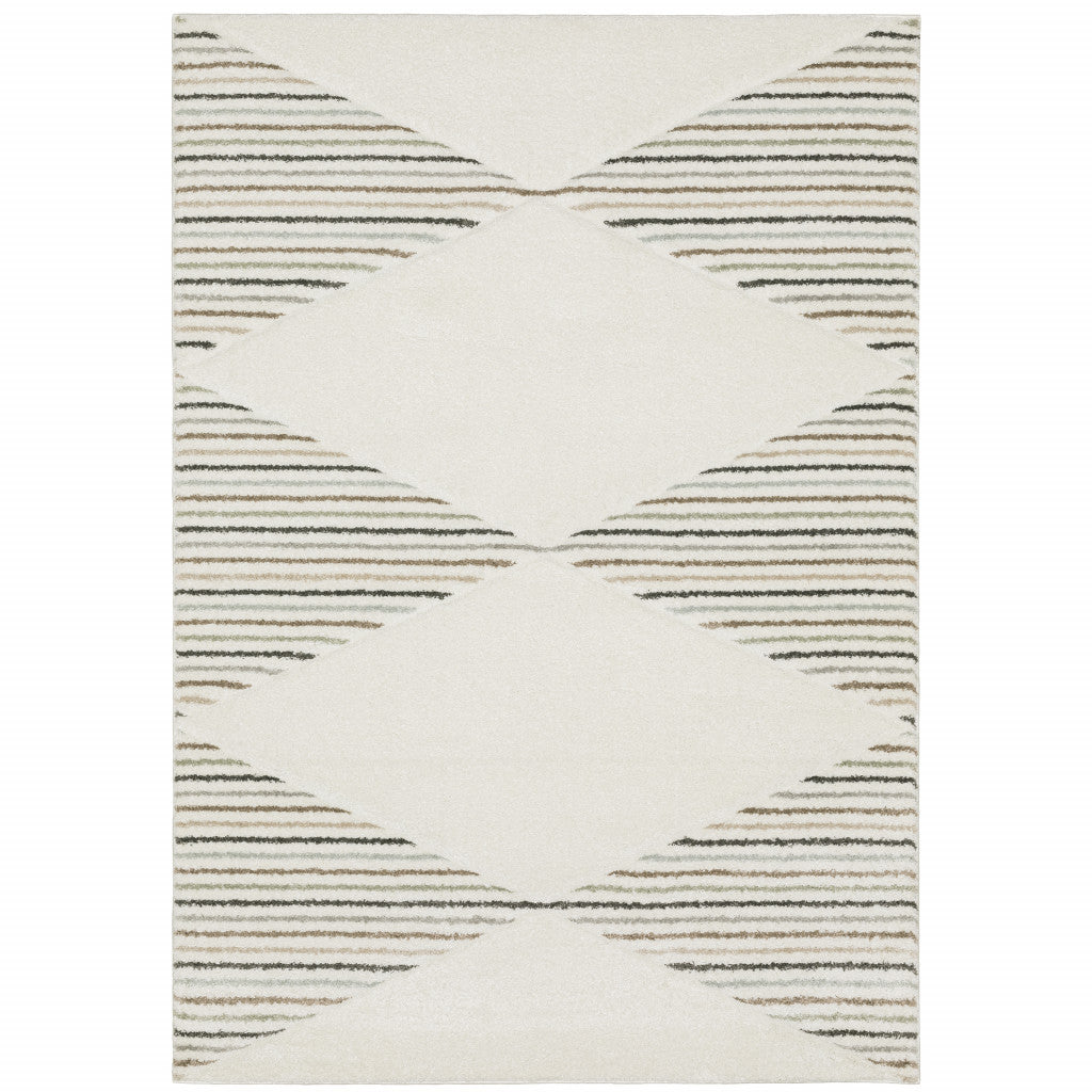 5' X 8' Beige Grey Sage Green Pale Blue Brown And Charcoal Geometric Power Loom Stain Resistant Area Rug