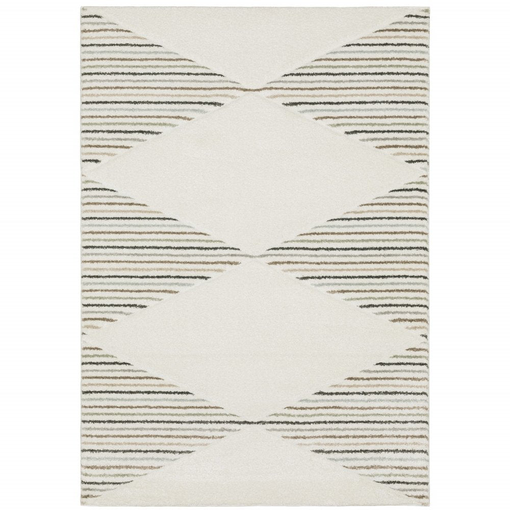 5' X 8' Beige Grey Sage Green Pale Blue Brown And Charcoal Geometric Power Loom Stain Resistant Area Rug