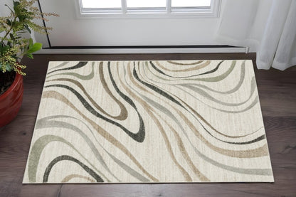 3' X 5' Beige Grey Brown Sage Pale Blue Tan And Charcoal Abstract Power Loom Stain Resistant Area Rug