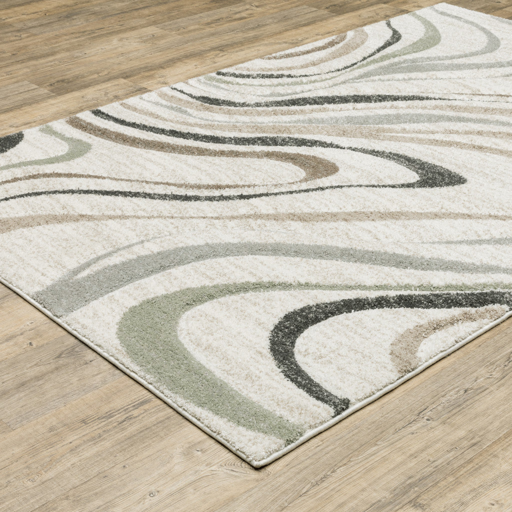 8' X 11' Beige Grey Brown Sage Pale Blue Tan And Charcoal Abstract Power Loom Stain Resistant Area Rug