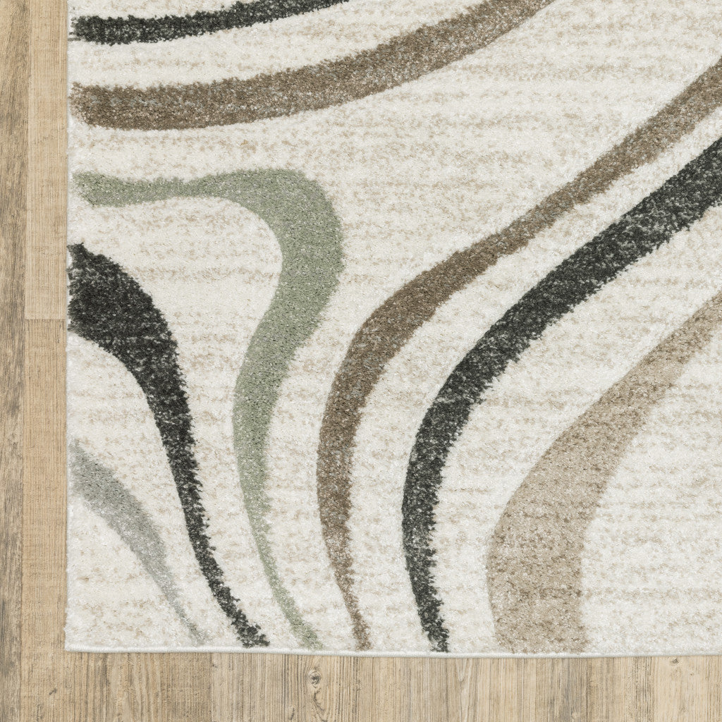 8' X 11' Beige Grey Brown Sage Pale Blue Tan And Charcoal Abstract Power Loom Stain Resistant Area Rug