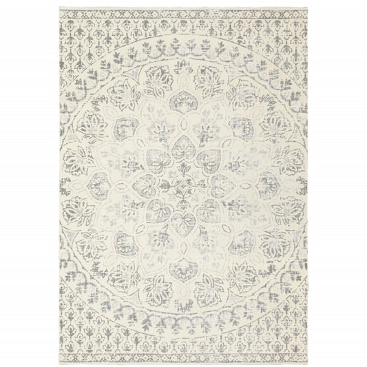 4' X 6' Ivory And Grey Floral Power Loom Stain Resistant Area Rug