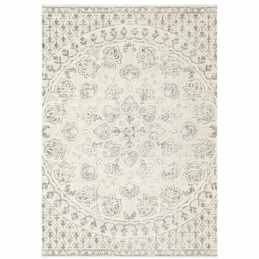 10' X 13' Ivory And Grey Floral Power Loom Stain Resistant Area Rug