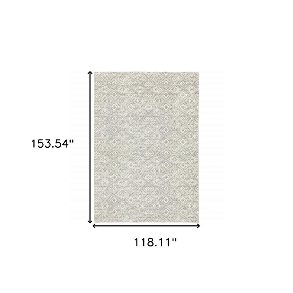Light gray and gray geometric distressed area rug; large rectangle, 153.54 in by 118.11 in