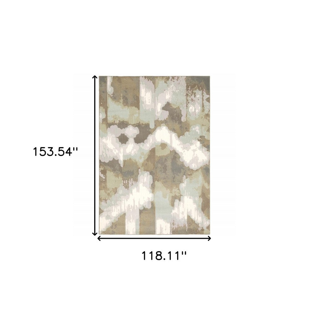 10' x 13' sage grey and brown abstract area rug.