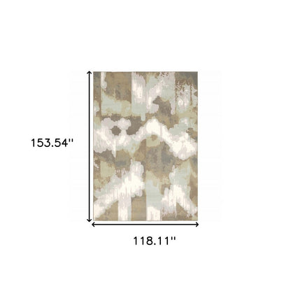 10' x 13' sage grey and brown abstract area rug.