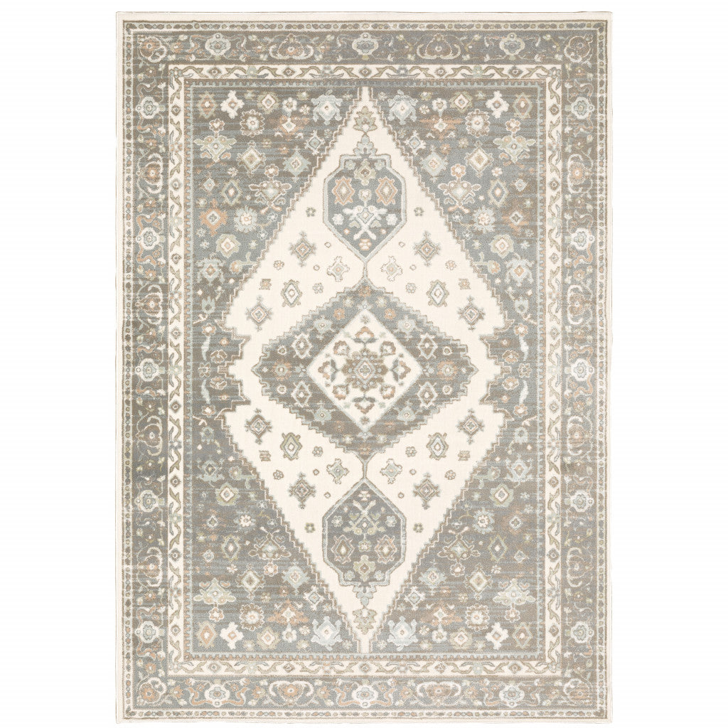 8' X 11' Grey Pink And Brown Oriental Power Loom Stain Resistant Area Rug