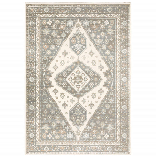 8' X 11' Grey Pink And Brown Oriental Power Loom Stain Resistant Area Rug