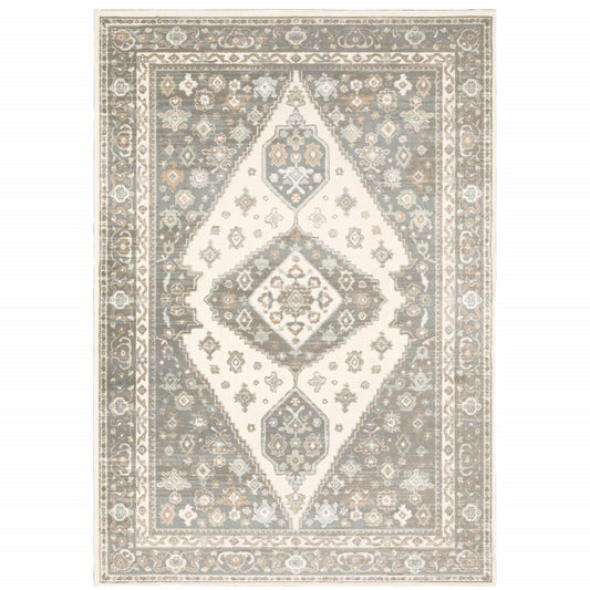 10' X 13' Grey Pink And Brown Oriental Power Loom Stain Resistant Area Rug