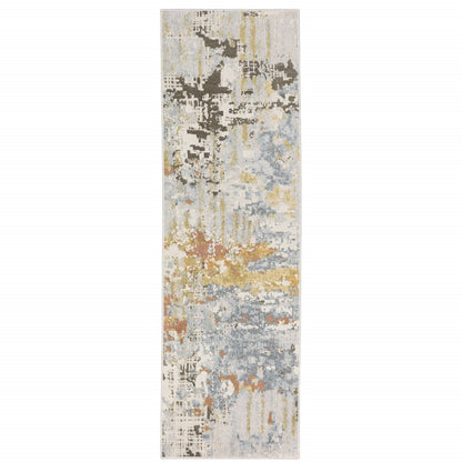 2' X 8' Grey Blue Beige Gold And Rust Abstract Power Loom Stain Resistant Runner Rug