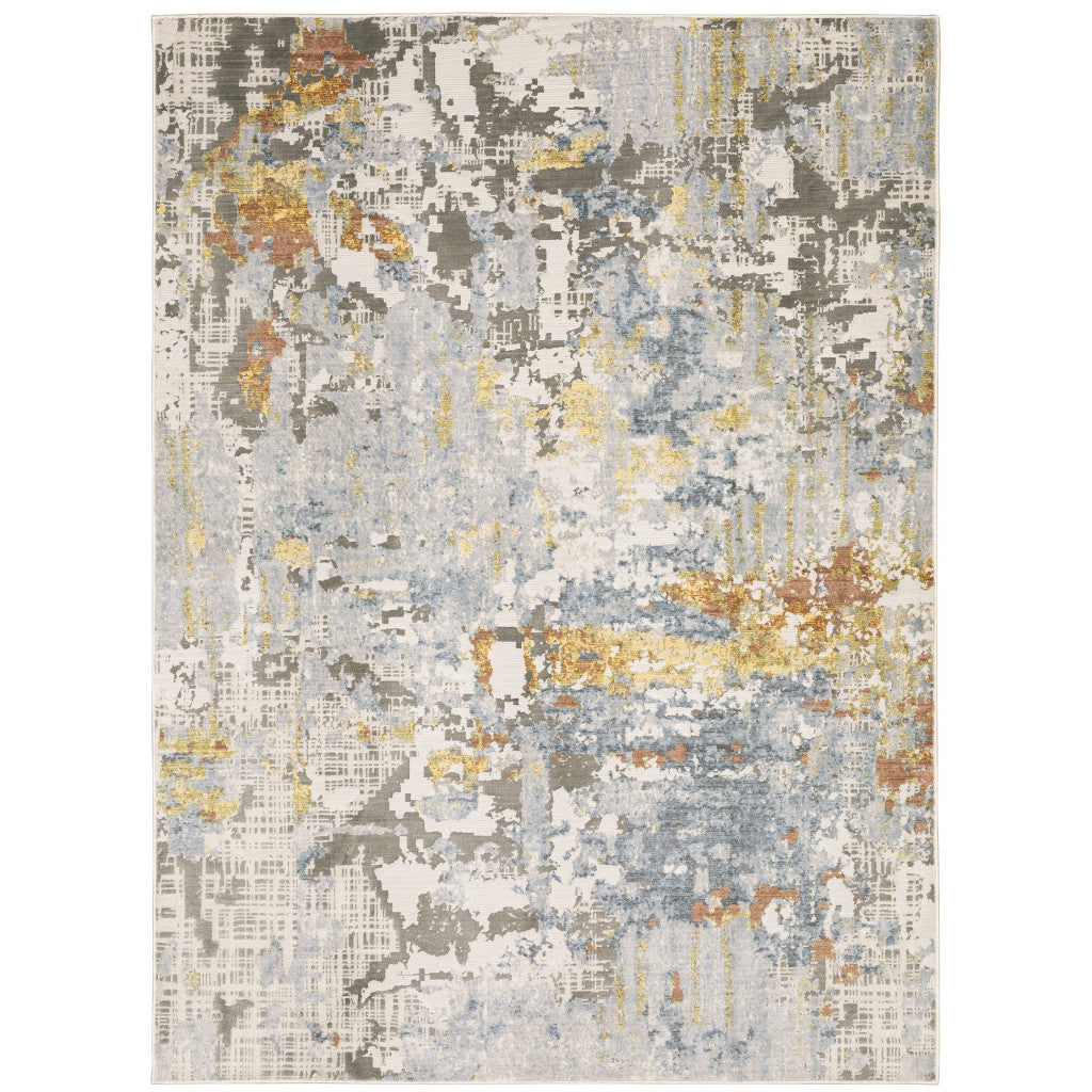 5' X 8' Grey Blue Beige Gold And Rust Abstract Power Loom Stain Resistant Area Rug