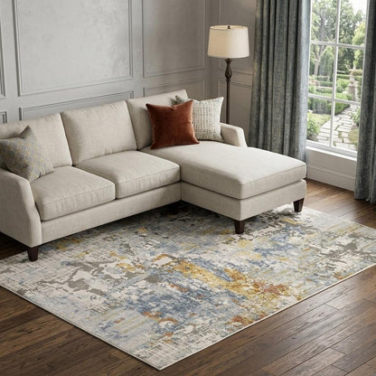 7' X 10' Beige And Blue Abstract Area Rug