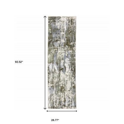 2' X 8' Green Blue Grey Ivory And Brown Abstract Power Loom Stain Resistant Runner Rug