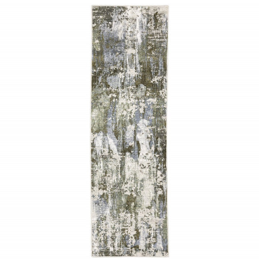 2' X 8' Green Blue Grey Ivory And Brown Abstract Power Loom Stain Resistant Runner Rug