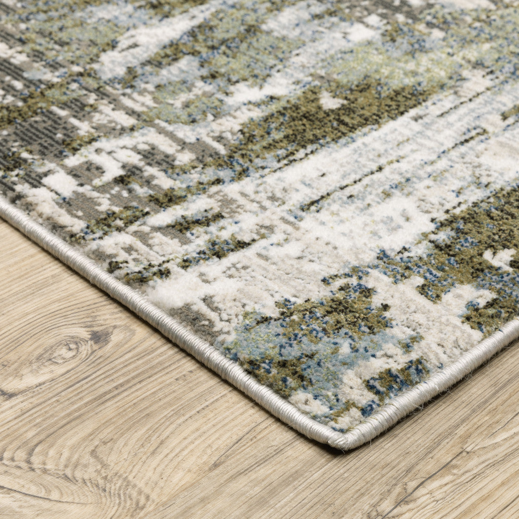 2' X 8' Green Blue Grey Ivory And Brown Abstract Power Loom Stain Resistant Runner Rug