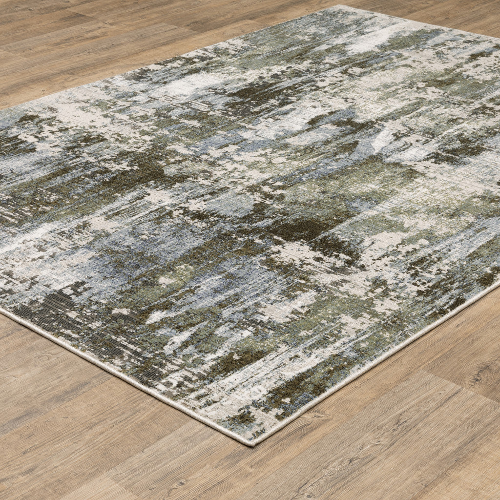 3' X 5' Green Blue Grey Ivory And Brown Abstract Power Loom Stain Resistant Area Rug