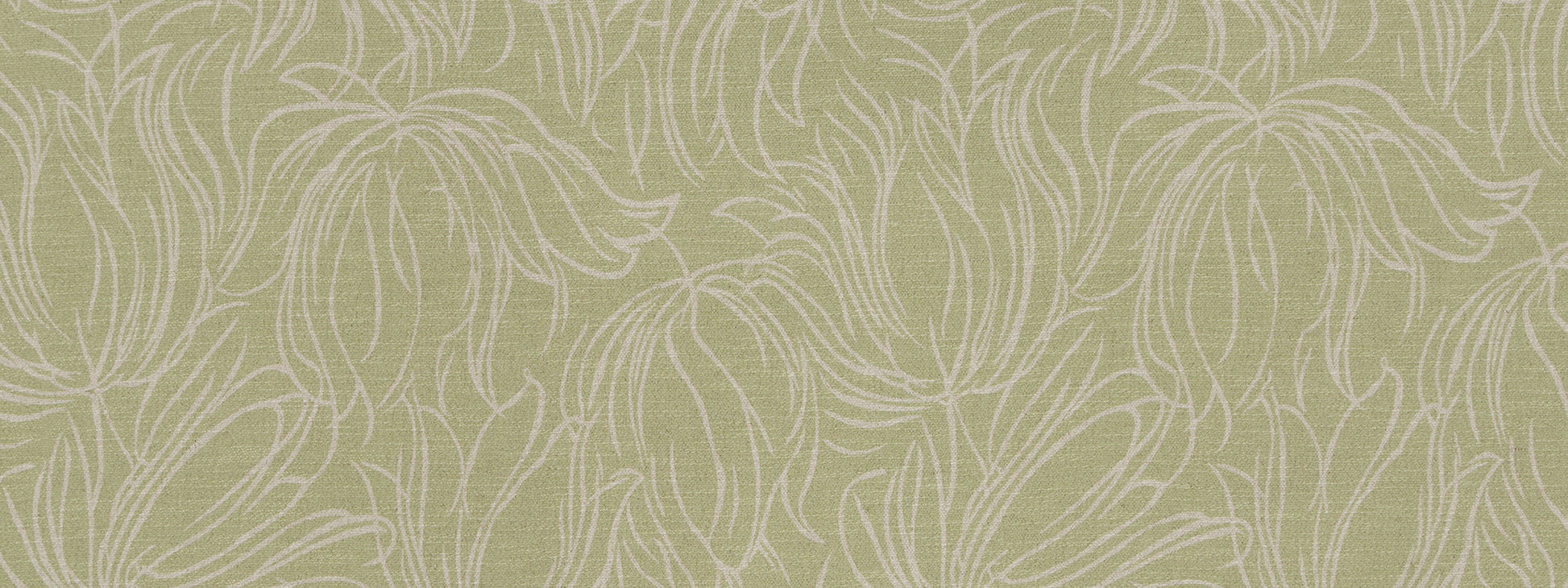 Olive-green linen fabric with white abstract botanical line art and leaf motifs.