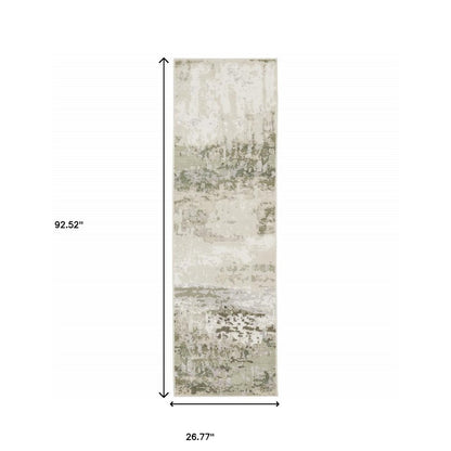 2' X 8' Beige Grey Brown And Sage Green Abstract Power Loom Stain Resistant Runner Rug