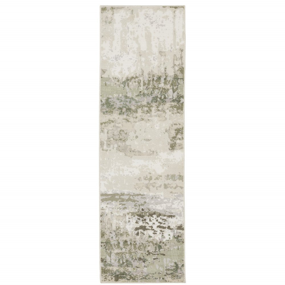 2' X 8' Beige Grey Brown And Sage Green Abstract Power Loom Stain Resistant Runner Rug