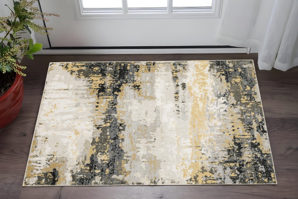 3' X 5' Grey Gold Beige Black And Brown Abstract Power Loom Stain Resistant Area Rug