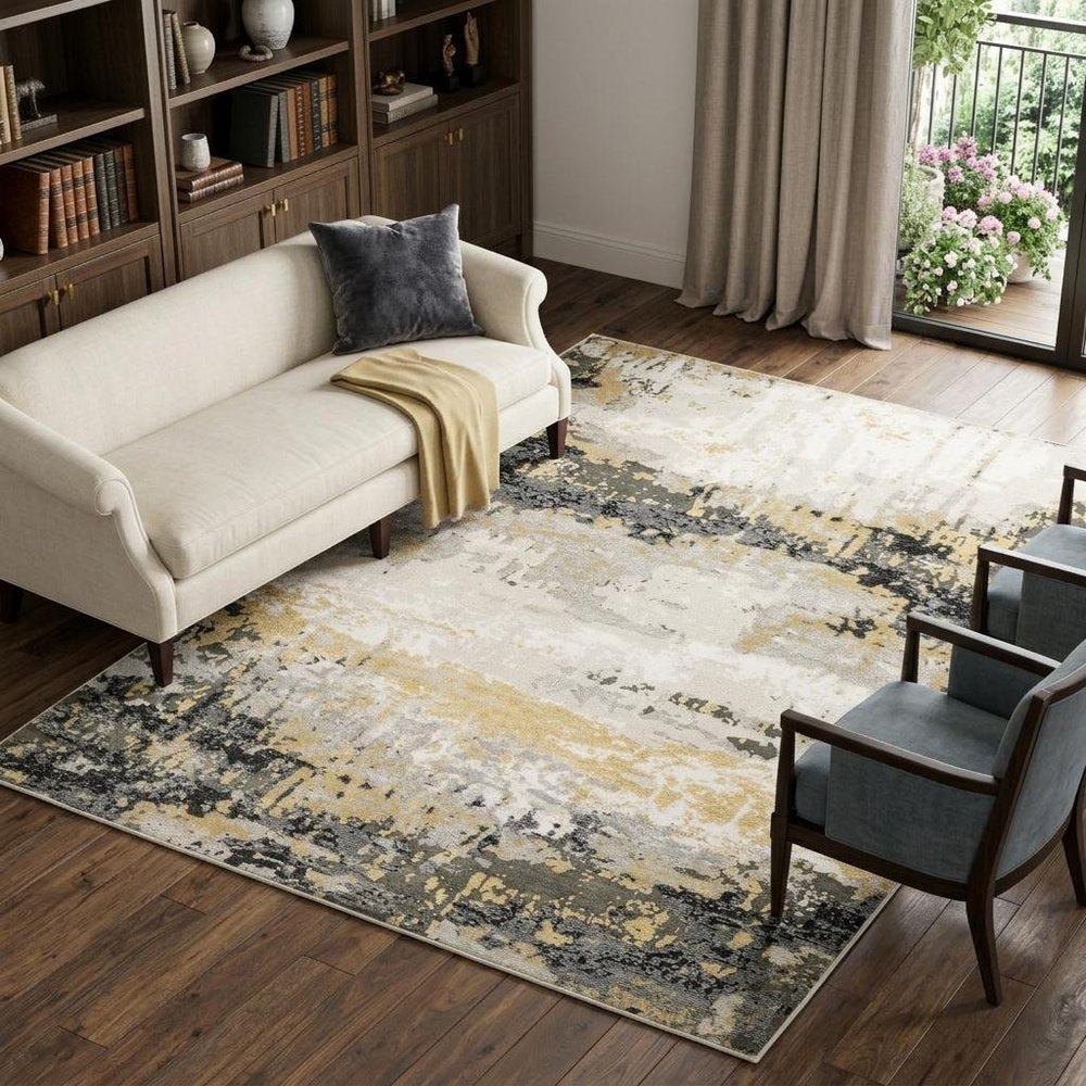 7' X 10' Beige And Gold Abstract Distressed Area Rug