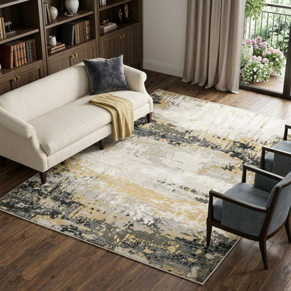7' X 10' Beige And Gold Abstract Distressed Area Rug