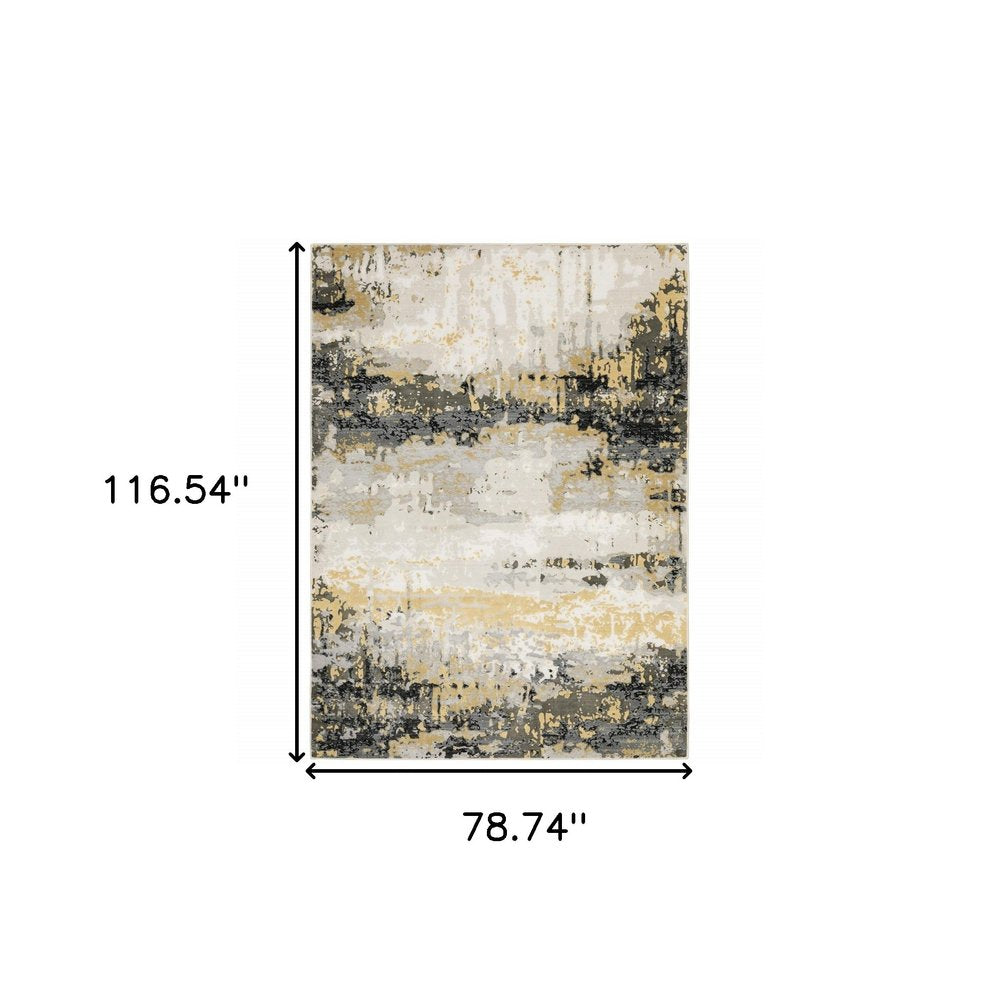 7' X 10' Beige And Gold Abstract Distressed Area Rug