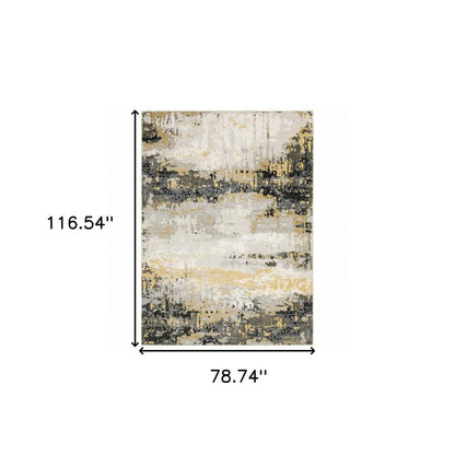 7' X 10' Beige And Gold Abstract Distressed Area Rug