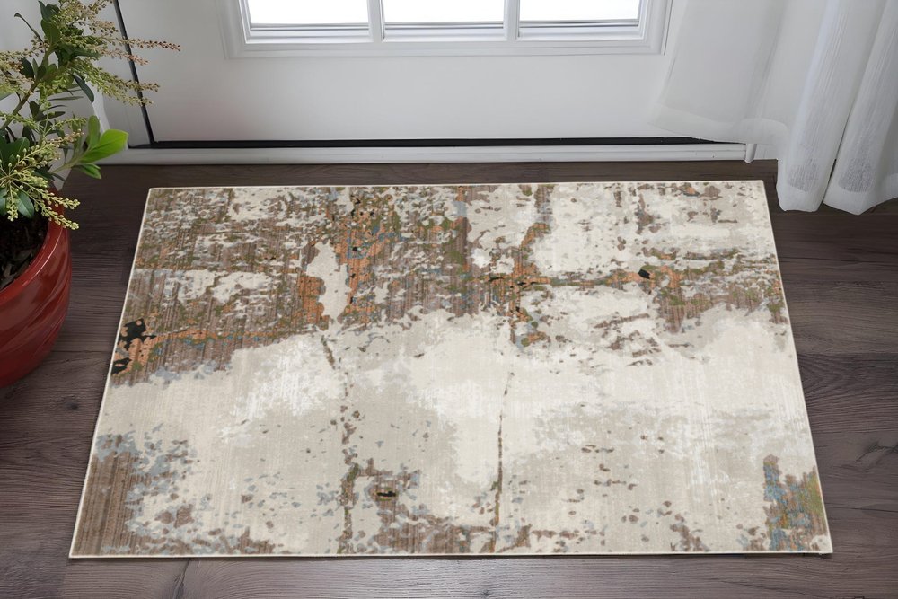 3' X 5' Grey Salmon Pink Blue Beige And Green Abstract Power Loom Stain Resistant Area Rug