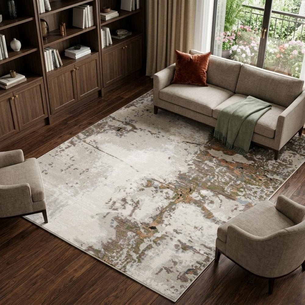 7' X 10' Beige And Pink Abstract Distressed Area Rug