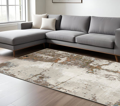 8' X 11' Beige And Pink Abstract Distressed Area Rug