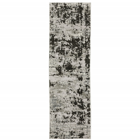2' X 8' Grey Charcoal Black And Ivory Abstract Power Loom Stain Resistant Runner Rug