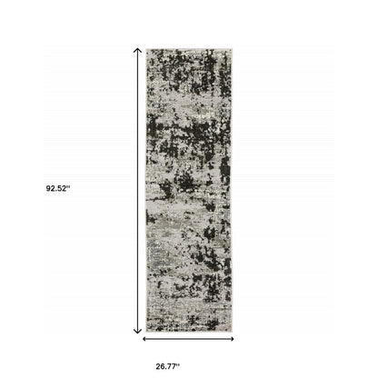 2' X 8' Grey Charcoal Black And Ivory Abstract Power Loom Stain Resistant Runner Rug