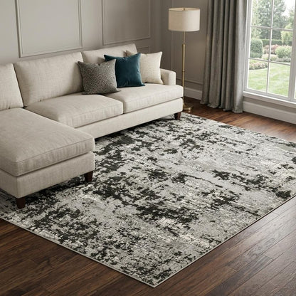 7' X 10' Gray And Black Abstract Distressed Area Rug
