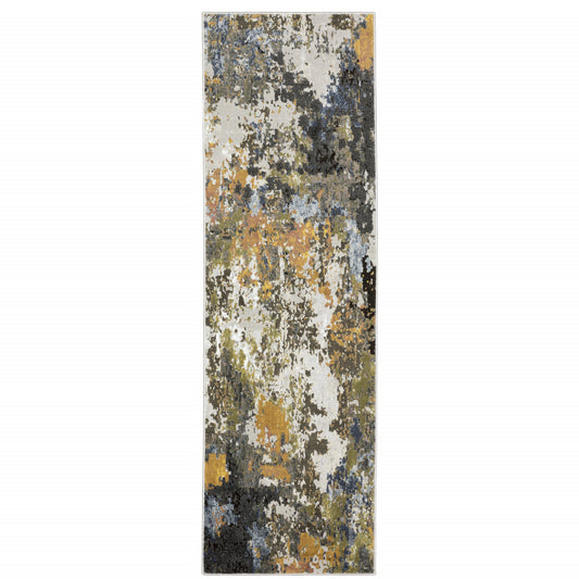 2' X 8' Grey Gold Blue Orange Beige And Brown Abstract Power Loom Stain Resistant Runner Rug