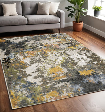 5' X 8' Grey Gold Blue Orange Beige And Brown Abstract Power Loom Stain Resistant Area Rug