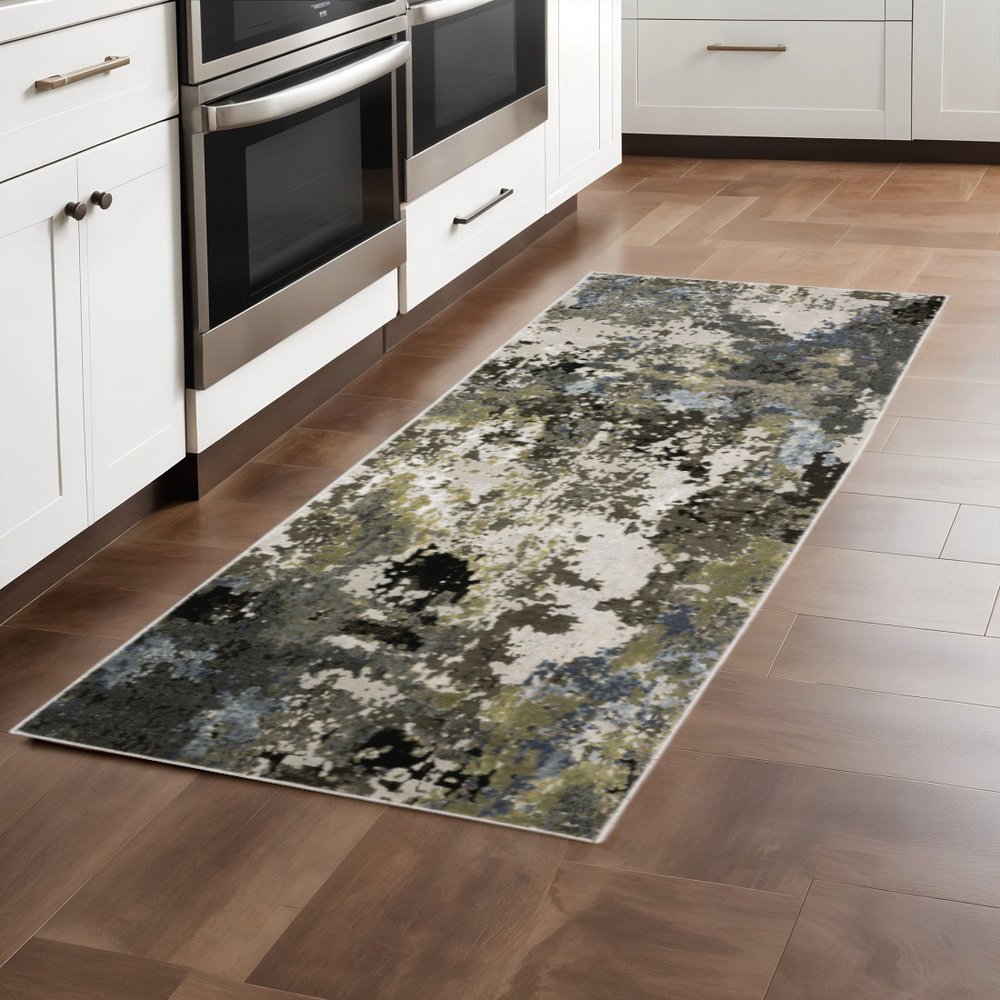 2' X 8' Grey Green Gold Blue And Beige Abstract Power Loom Stain Resistant Runner Rug