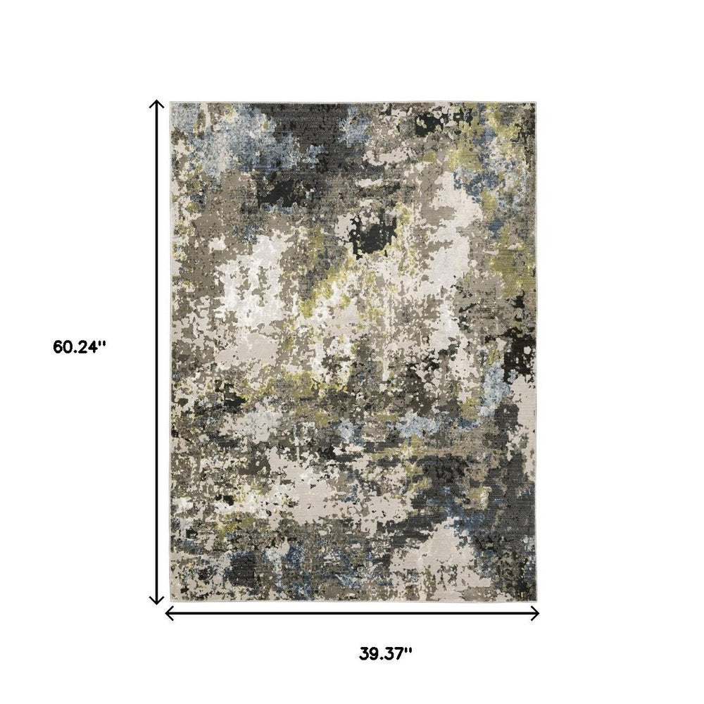 3' X 5' Grey Green Gold Blue And Beige Abstract Power Loom Stain Resistant Area Rug