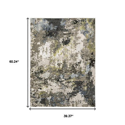 3' X 5' Grey Green Gold Blue And Beige Abstract Power Loom Stain Resistant Area Rug