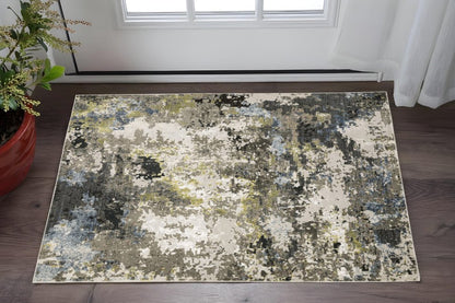 3' X 5' Grey Green Gold Blue And Beige Abstract Power Loom Stain Resistant Area Rug