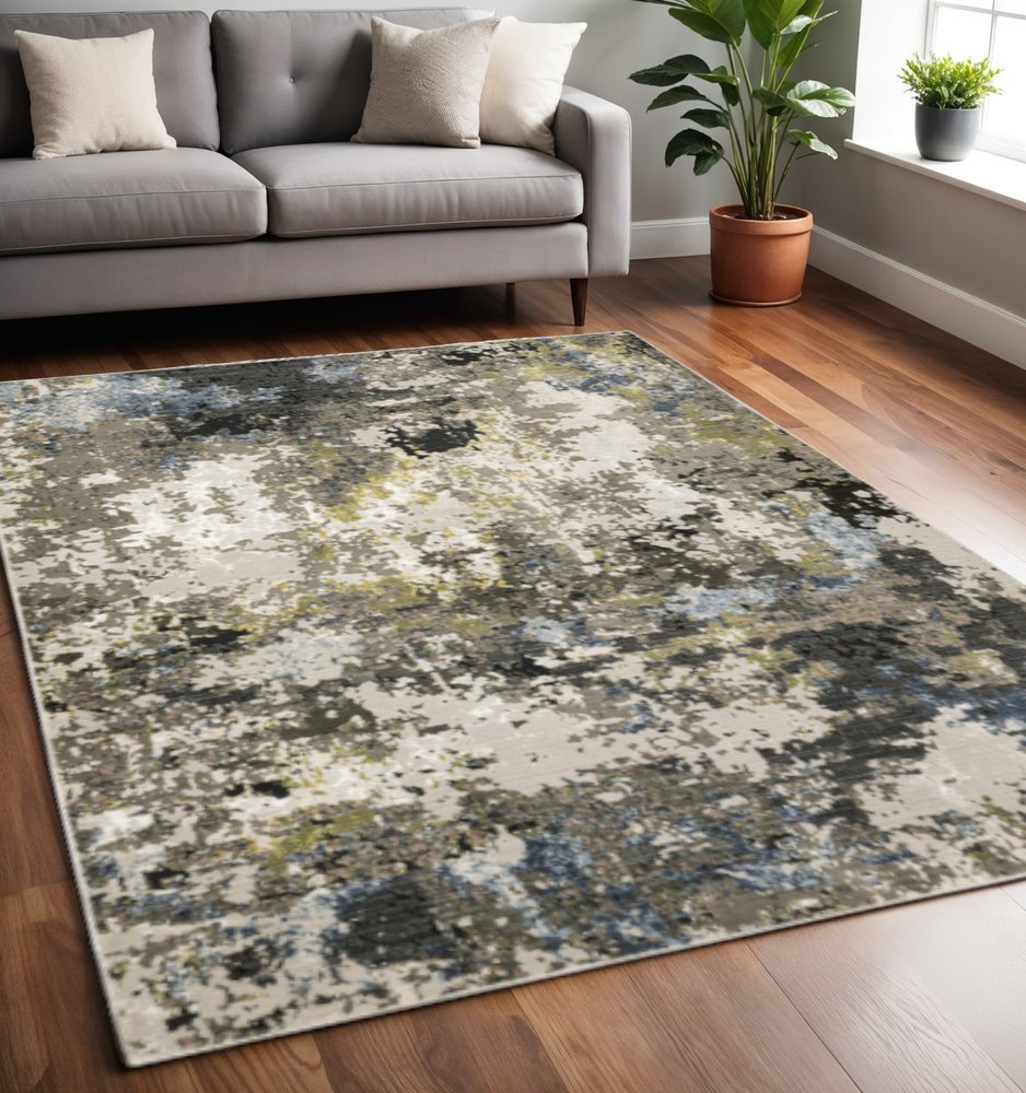 5' X 8' Grey Green Gold Blue And Beige Abstract Power Loom Stain Resistant Area Rug